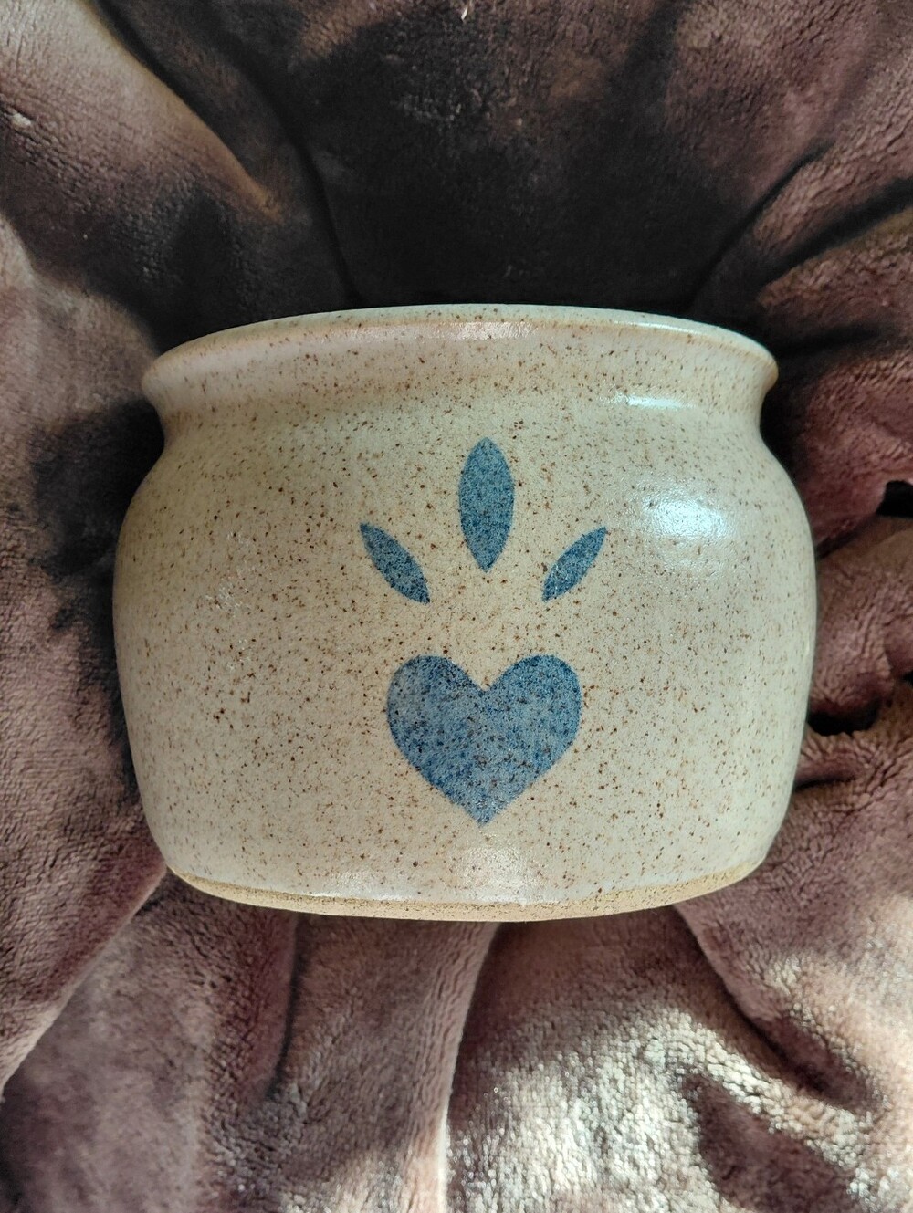 Vintage Stoneware Heart Crock Pottery Speckled Beige & Blue Crock Farmhouse